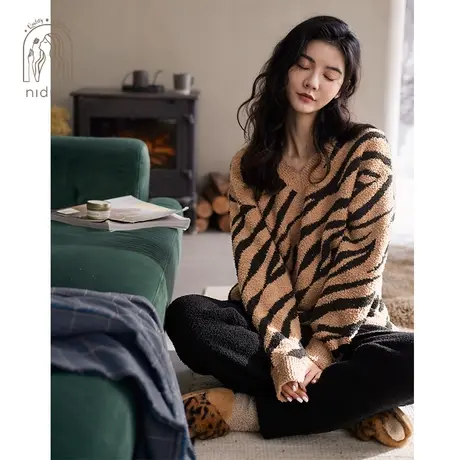 妮狄娅睡衣女秋冬季保暖半边绒软绵绵套头长袖时尚休闲家居服套装商品大图