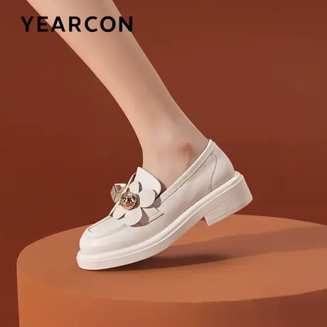 意尔康乐福鞋女真皮软2024春春新款英伦复古一脚蹬黑色浅口小皮鞋图片