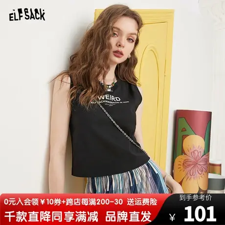妖精的口袋字母黑色短款无袖t恤女2023夏新款小个子修身辣妹上衣图片