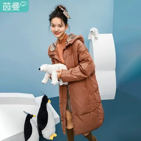 茵曼 特价清仓冬装纯色连帽领大口袋落肩袖长款羽绒服外套女商品大图