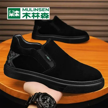 木林森男休闲皮鞋纯黑色一脚蹬欧洲站秋季潮流百搭豆豆鞋男款鞋子商品大图