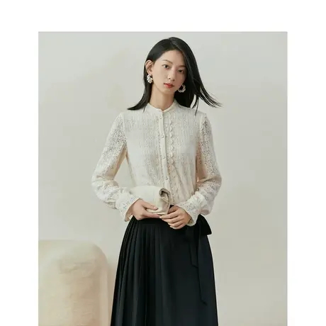 【商场同款】茵曼设计感蕾丝衬衫2023冬季女装新款立领灯笼袖上衣商品大图