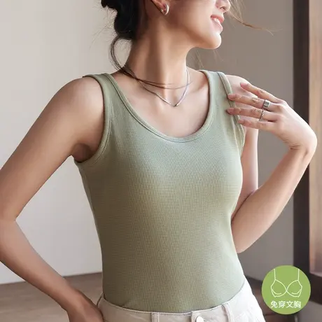 吊带背心女带胸垫文胸一体夏季白色圆领内搭外穿无袖长款打底上衣图片