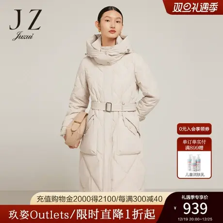 JZ玖姿绗缝鹅绒服2022冬季新款几何菱格休闲长款羽绒帽款外套商品大图