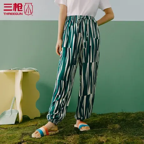三枪家居裤女休闲薄款夏季垂棉印花女士松紧长裤拼色中年61308图片