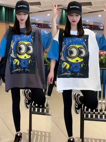 欧洲站2023夏季新款欧货高品质卡通印花拼接短袖上衣宽松百搭t恤图片