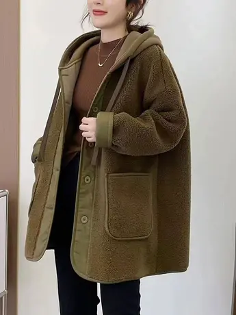 羊羔毛连帽外套女中长款2023冬季新韩版宽松显瘦皮毛一体加厚外套图片