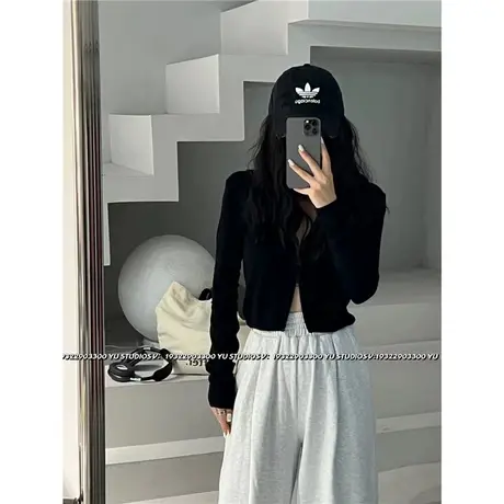 连帽短款开衫女2023早秋新款设计感双拉链修身显瘦长袖短外套T恤商品大图