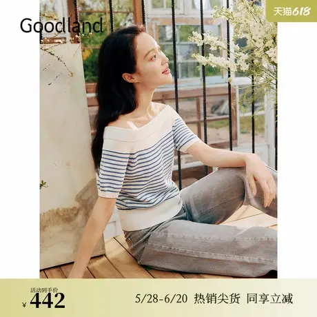 Goodland美地夏季法式优雅蓝白条纹一字肩短袖针织衫商品大图