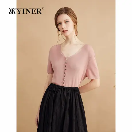 YINER音儿秋季时尚16针桑蚕丝V领烟灰粉毛针织衫上衣图片