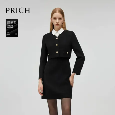 【绵羊毛】PRICH新年战袍撞色连衣裙2024冬季新款假两件长裙女图片