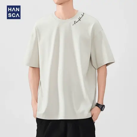hansca 日系复古短袖t恤男2025夏季新款宽松透气潮牌刺绣休闲上衣商品大图