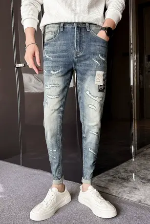 2023秋冬新款个性破洞牛仔裤男修身小脚韩版铅笔裤显瘦贴布长裤子商品大图