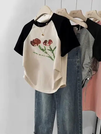 复古chic夏季闺蜜装短款上衣辣妹风修身插肩袖T恤女ins潮纯棉短袖图片