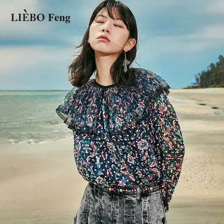 裂帛LIEBOFeng商场同款2023年设计师南法风蕾丝荷叶边雪纺衬衫女商品大图
