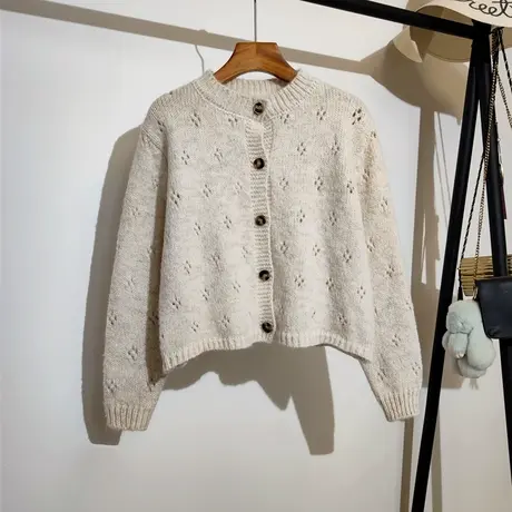 复古针织开衫女宽松圆领2023新款秋冬韩版百搭高级感短款毛衣外套图片