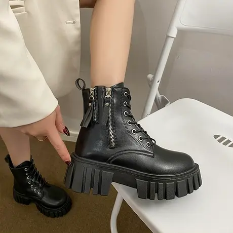 黑色马丁靴女英伦风春秋单靴夏季薄款厚底增高跟炸街机车瘦瘦短靴图片