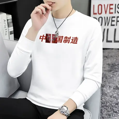 重磅纯棉圆领卫衣男摇粒绒加绒加厚中国潮流无帽上衣白色长袖t恤商品大图