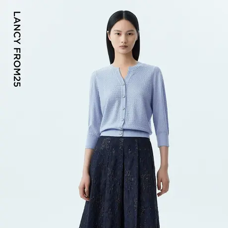 LANCY/朗姿2023秋季新款针织开衫女高级感修身设计感小V领气质商品大图