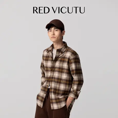 VICUTU威可多男长袖衬衫100%绵羊毛复古格纹上衣时尚百搭休闲衬衣图片