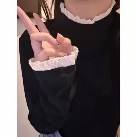 纯欲性感半高领长袖T恤女春秋内搭外穿打底衫修身韩版蕾丝边上衣商品大图