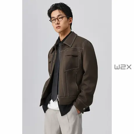w2xw2x秋冬季明辑线斜纹翻领短款夹克男痞帅设计感休闲外套上衣潮商品大图