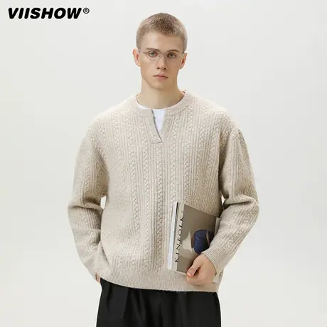 VIISHOW小v领毛衣男秋冬休闲宽松百搭复古潮牌慵懒风针织衫外套商品大图