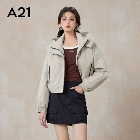 A21女装梭织宽松连帽小落肩开胸薄短棉服户外外套休闲小个子商品大图