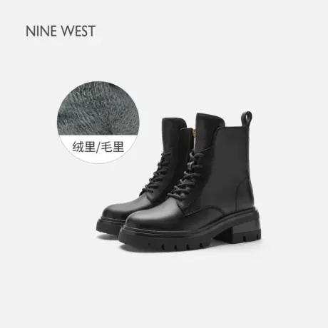 Nine West/玖熙黑色马丁靴女新款冬季加绒真皮时尚百搭小短靴图片