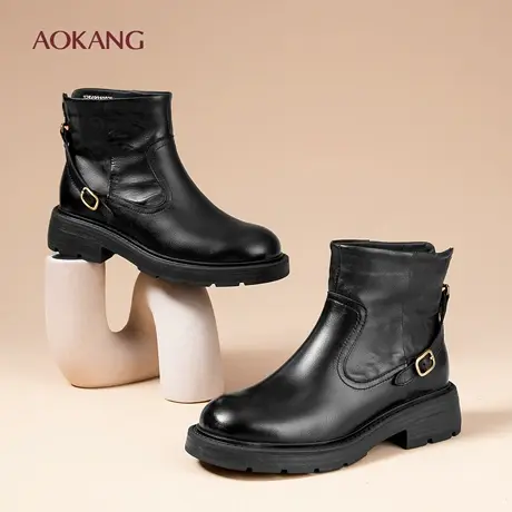 奥康 女鞋真皮短靴女款2025秋季新款皮带扣加绒百搭切尔西靴N图片
