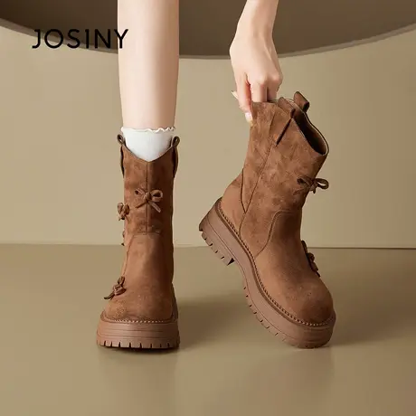卓诗尼复古中筒瘦瘦靴子女款2025新款秋冬加绒保暖蝴蝶结短筒靴子图片