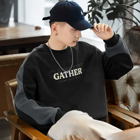 唐狮冬季新款圆领男卫衣美式复古青少年潮牌撞色拼接上衣宽松TD图片