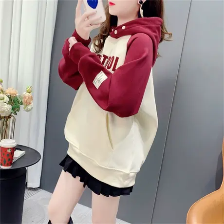 加绒加厚插肩袖连帽卫衣女秋冬2022年新款宽松设计感拼色百搭上衣商品大图
