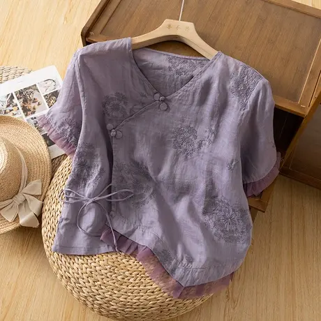 享永子短袖刺绣斜襟苎麻上衣女文艺复古宽松显瘦棉麻小衫2023新款商品大图