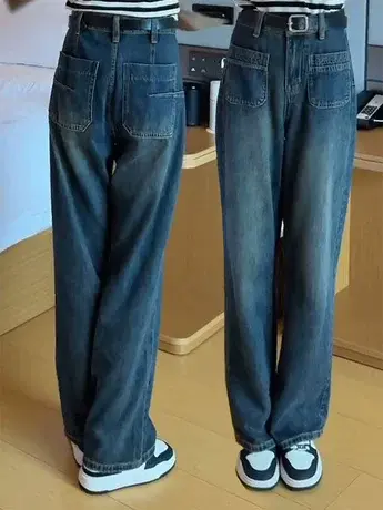 直筒复古港风牛仔裤女2023秋季新款高腰宽松显瘦大码窄版阔腿裤潮商品大图