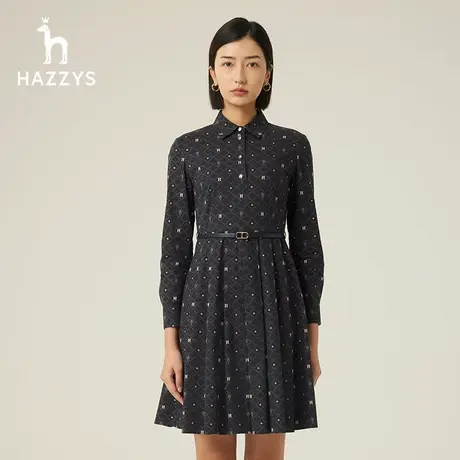 【商场同款】Hazzys哈吉斯长袖印花连衣裙女士秋季新款英伦衬衫裙图片