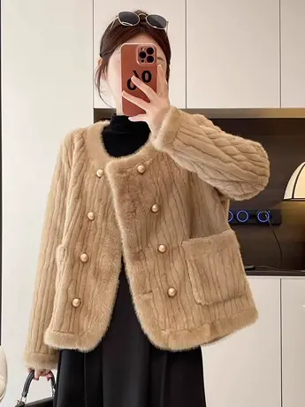 2023新款仿水貂毛皮毛一体外套女韩版网红双排扣大衣环保皮草秋冬商品大图