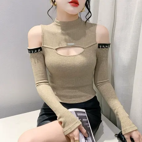 秋冬镂空铆钉拼接撞色上衣性感立领T恤女长袖气质修身短款打底衫图片