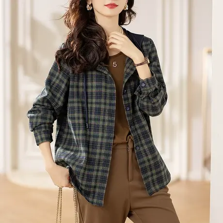 中年妈妈连帽格子衬衫外套女春秋宽松加大码女装减龄洋气开衫上衣图片