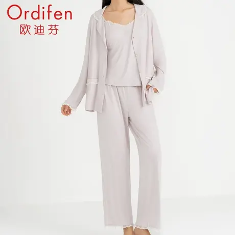 欧迪芬女士长袖长裤三件套家居套装带杯垫睡衣套装图片