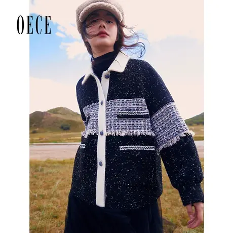 【买1送1】Oece2022冬新款女复古设计感粗花呢毛呢外套小个子大衣商品大图