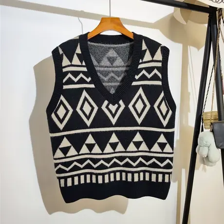 2023秋冬新款菱形针织马甲女宽松v领慵懒风时尚叠穿毛衣背心坎肩商品大图