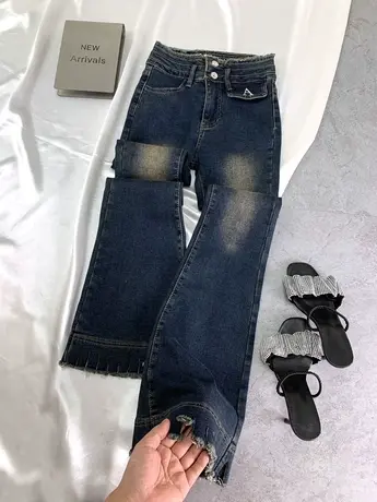 两粒扣裤脚磨破加绒牛仔喇叭裤2023冬新款显瘦百搭弹力高腰马蹄裤商品大图