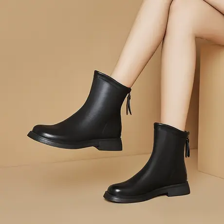 真软皮头层牛皮英伦风中跟马丁靴女新款小圆头厚底皮里后拉链短靴图片