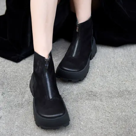 Artmu阿木原创复古前拉链短靴女厚底真皮方头女靴子松糕靴清仓图片