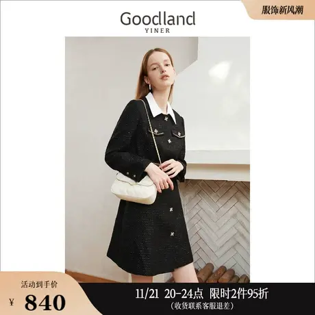 Goodland美地女装冬季复古法式优雅POLO领型连衣裙高级感图片