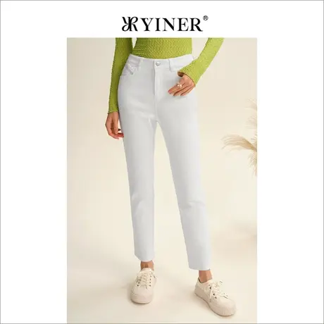 YINER音儿线上专选女装秋季白色高腰九分烟管牛仔裤商品大图