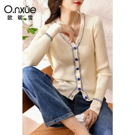 欧昵雪2024春秋新款简约明线V领修身针织衫女长袖开衫上衣文艺风图片