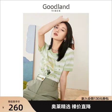 音儿美地女装2022夏季新款撞色条纹绣花鱼圆领针织衫套头商品大图