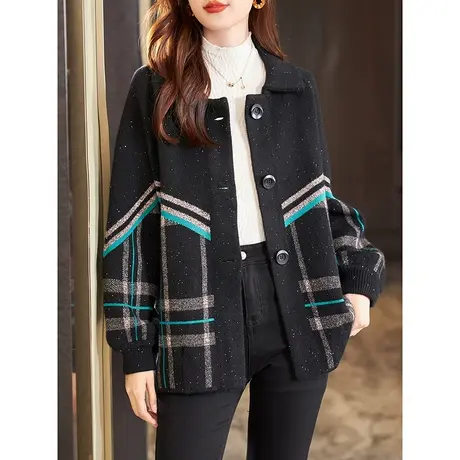 宝诗黎翻领亮片格子针织宽松外套女2023冬季新款时尚休闲上衣夹克商品大图